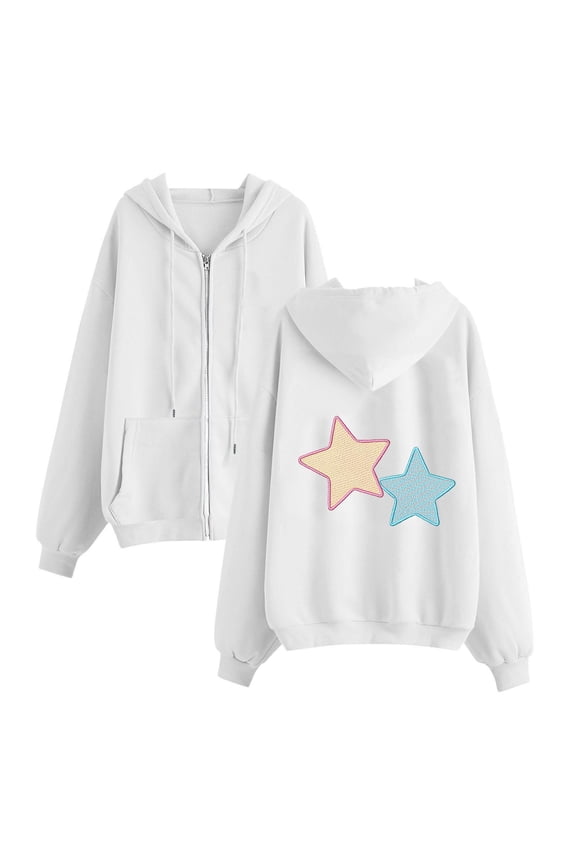 Women's Star Print Hoodie Jacket - Oversized Drop Shoulder Zip-Up Sweatshirt Long Sleeve Casual Outerwear,S,White