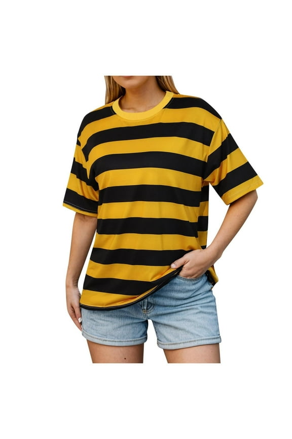 APEXFWDT Women's Stripe Top - Short Sleeve Color Block T-Shirt Loose Fit Round Neck Tee for Trips & Daily Wear,XXXL,Yellow