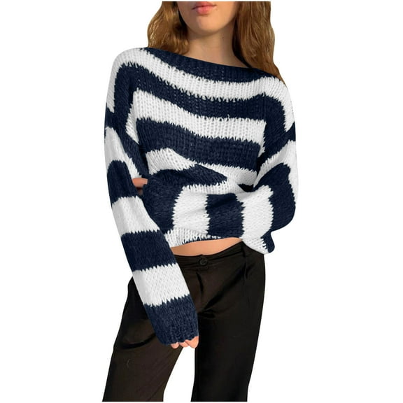 APEXFWDT Women's Striped Cropped Sweater Crew Neck Long Sleeve Pullover Casual Knit Top for Daily Commutes & Casual Shopping Trips,S,Blue