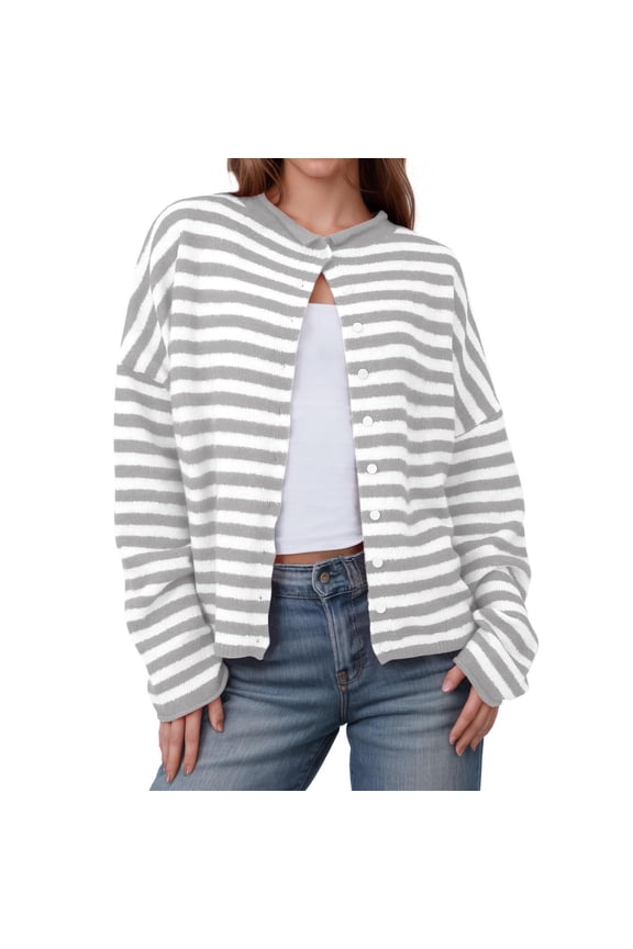 Women's Striped Knitted Cardigan Soft Snap Button Casual Sweater Fashion Loose Open Front for Daily Outings & Coffee Dates,S,Gray