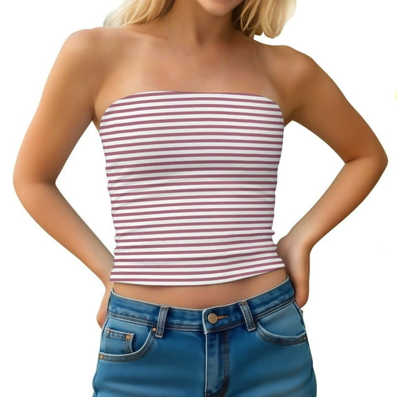 APEXFWDT Women's Striped Tube Tops Strapless Bandeau Tops Double Lined Slim Fit Summer Y2K Going Out Tank Tops for Girls，M,Watermelon Red