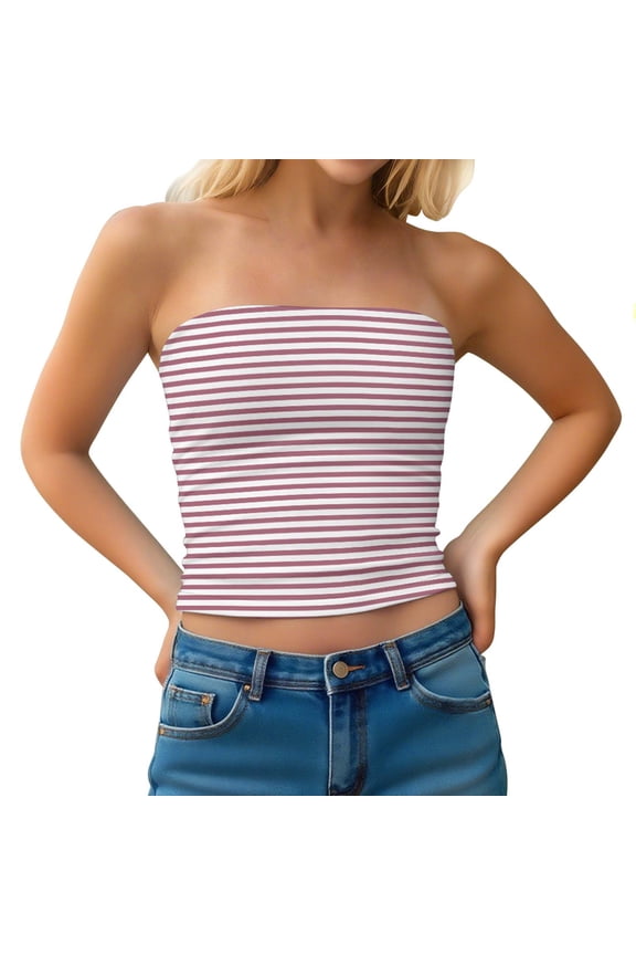 APEXFWDT Women's Striped Tube Tops Strapless Bandeau Tops Double Lined Slim Fit Summer Y2K Going Out Tank Tops for Girls，M,Watermelon Red