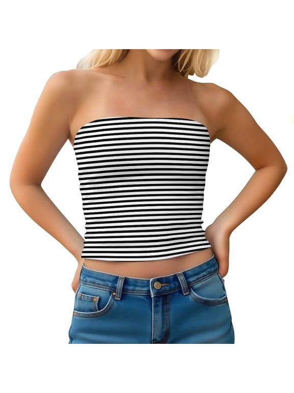 APEXFWDT Women's Striped Tube Tops Strapless Bandeau Tops Double Lined Slim Fit Summer Y2K Going Out Tank Tops for Girls,S,Black