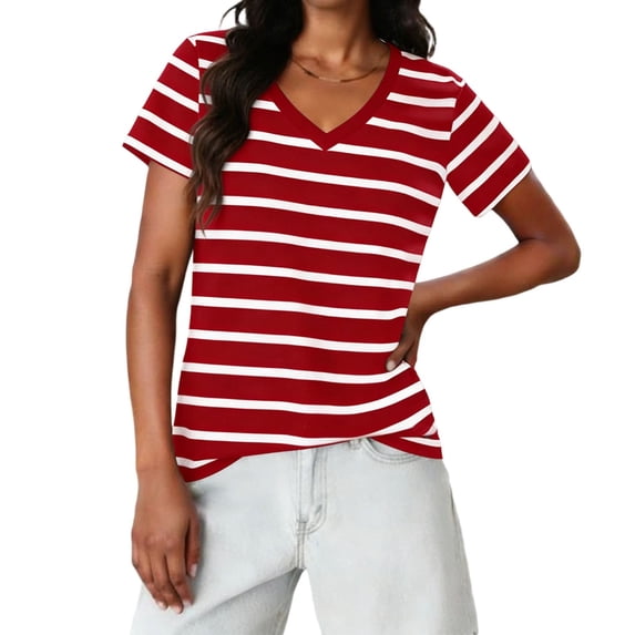 APEXFWDT Women's Striped V Neck T Shirts Short Sleeve Tees Casual Basic Summer Tops,XXL,Red