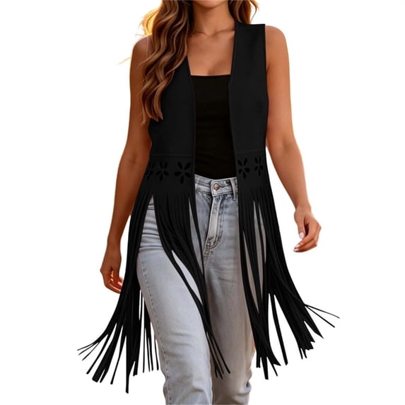 APEXFWDT Women's Suede Fringe Vest, Sleeveless Open Front Cutout Western Tassel Long Waistcoat