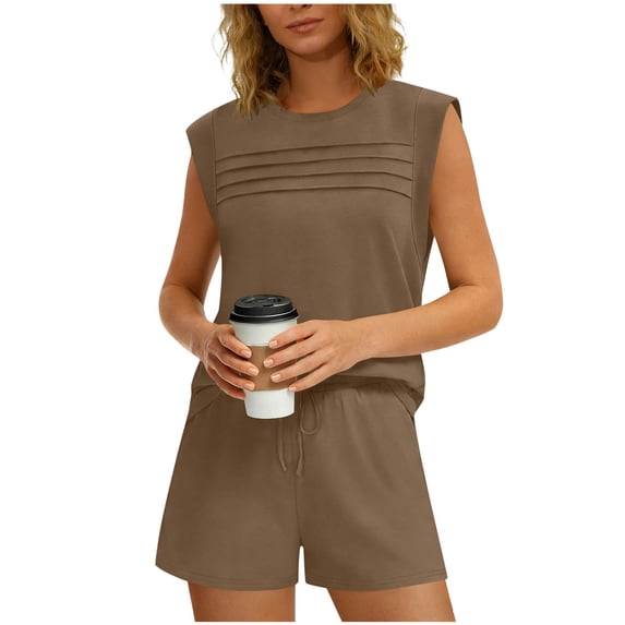 APEXFWDT Women's Summer 2 Piece Outfits Pleated Cap Neck Short Sleeve Top Shirt & Drawstring Shorts Set Loungewear