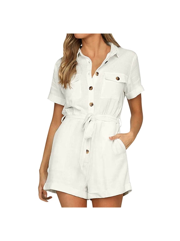 Women's Summer Short Sleeve Button Down Belted Jumpsuits Short Rompers Casual Elastic Waist Cargo Rompers Cuffed Sleeve Pockets Jumpsuits