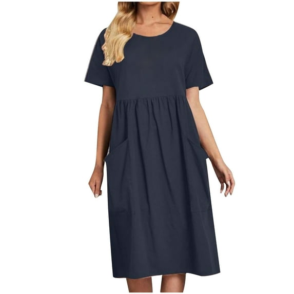APEXFWDT Women's Summer Tshirt Dress with Prokets Plus Size Casual Crew Neck Short Sleeve Beach Midi Dress Women Loose Pleated Hide Belly Dresses