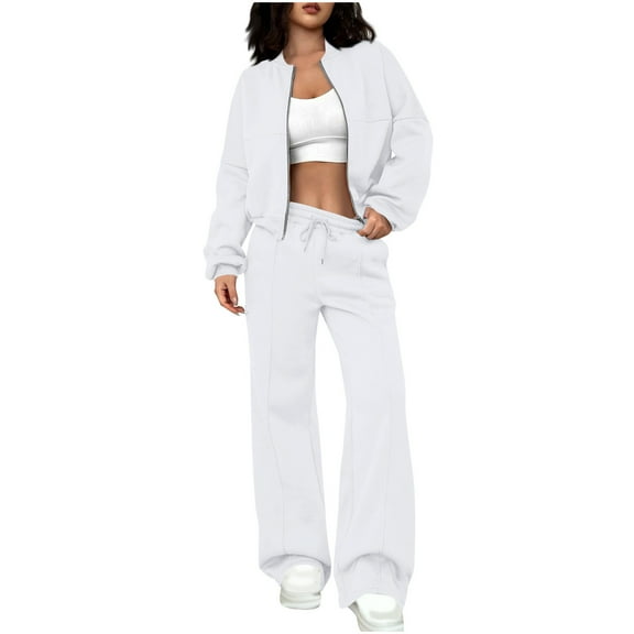 APEXFWDT Women’s Sweatsuit Set – Zipper Baseball Jacket and Casual Straight Fit Drawstring Sweatpants Sporty Casual Tracksuit,XL,White