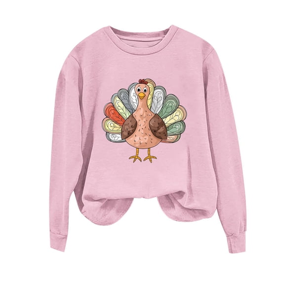 APEXFWDT Women's Thanksgiving Turkey Print Sweatshirt Crew Neck Long Sleeve Casual Festive Holiday Pullover,M,Pink