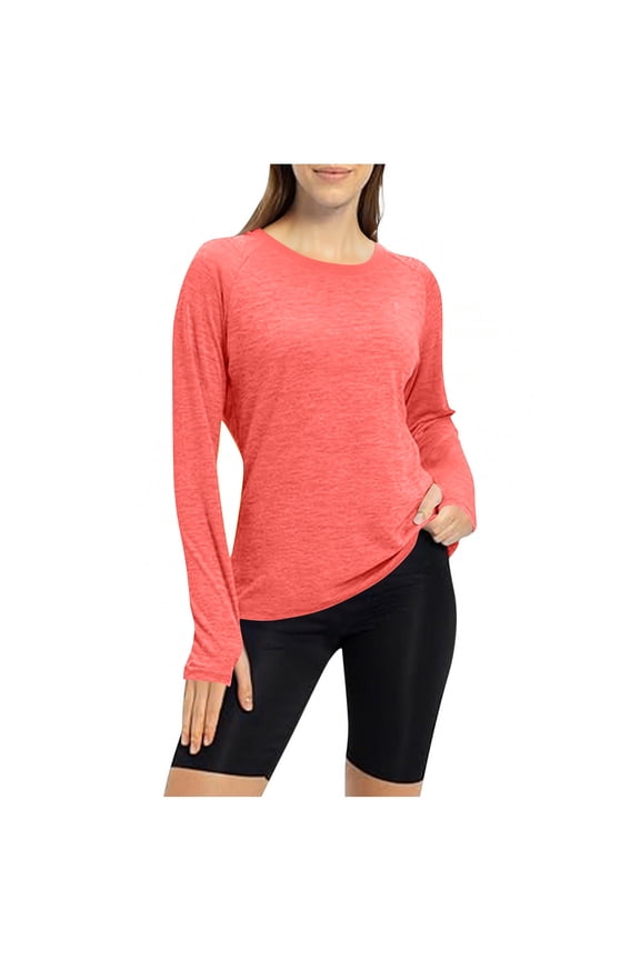 APEXFWDT Women's Thumb Hole Long Sleeve Essential Tee - Crew Neck Solid Base Layer Workout & Daily Layering Top,M,Red