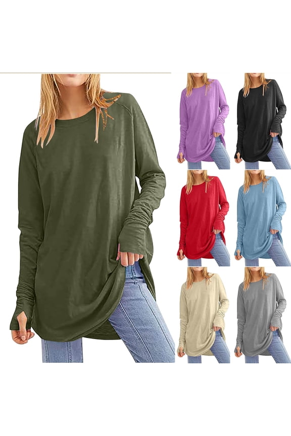 APEXFWDT Women's Thumb Hole T-Shirt Long Sleeve Crew Neck Plain Shirts Casual Ruched Tee Tops for Women Fall Basic Blouse Tunic Tops