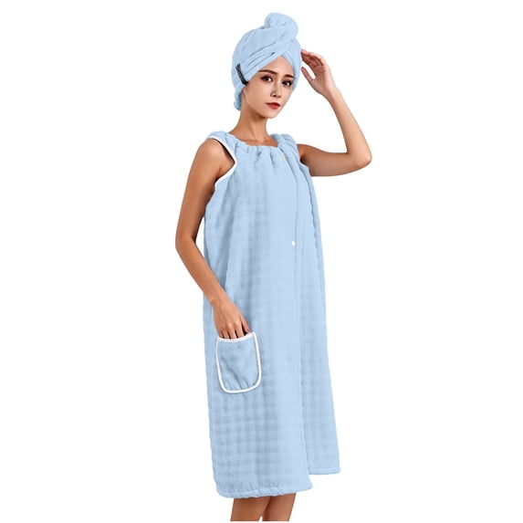 APEXFWDT Women's Towel Wrap with Hair Towel, Snap Button Spa Shower Fleece Robe Absorbent Microfiber Bathrobe for Home Hotel Pool