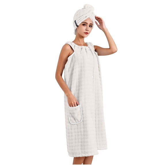 APEXFWDT Women's Towel Wrap with Hair Towel, Snap Button Spa Shower Fleece Robe Absorbent Microfiber Bathrobe for Home Hotel Pool