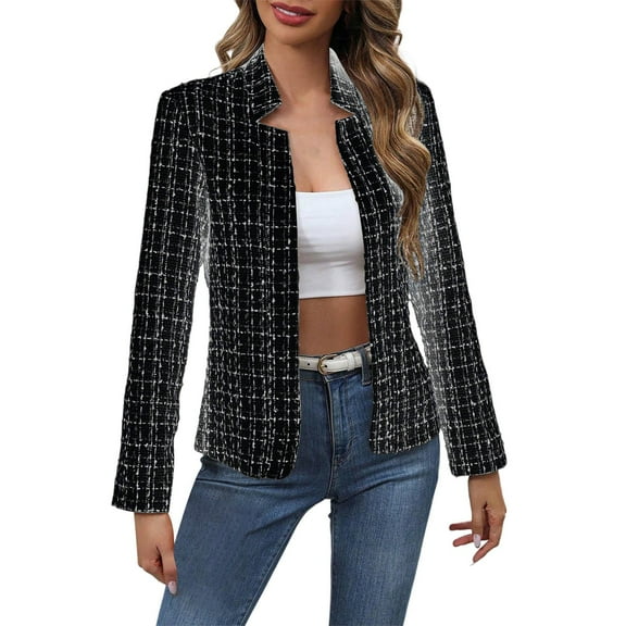 APEXFWDT Women's Tweed Blazer Cardigan Slim-Fit Stand Collar Long Sleeve Casual Office Jacket for Work Meetings & Business,M,Black