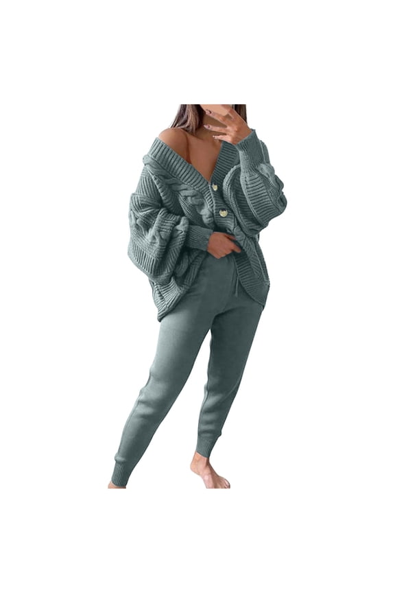 APEXFWDT Women's Two Piece Outfits Sweater Sets Oversized Knit Cardigan and Elastic Waisted Jogger Pants Matching Set Lounge Sets