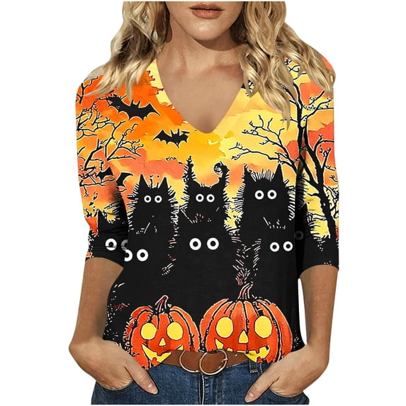 APEXFWDT Women's V Neck 3/4 Sleeve T-Shirt, Halloween Witch Full Moon Bat Graphic Casual Tee