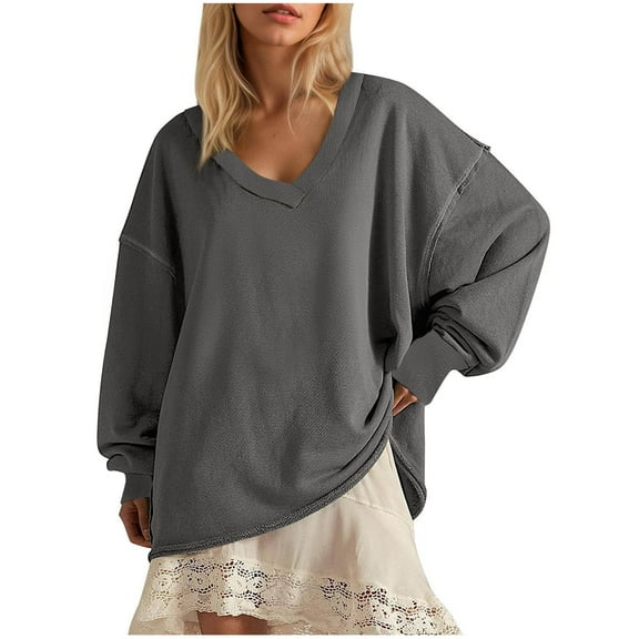 APEXFWDT Women's V Neck Oversized Sweatshirt Long Sleeve Pullover with Frayed Hem Casual Daily Wear,M,Gray