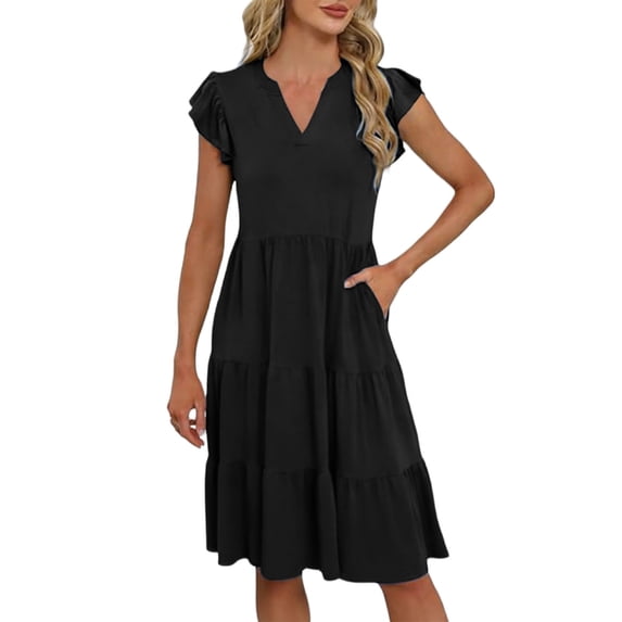APEXFWDT Women's V-Neck Ruffle Trim Dress Sleeveless Midi Dress with Functional Pockets, Casual Fashion Summer Dresses,S,Black