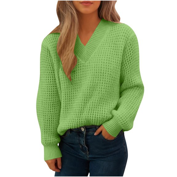 APEXFWDT Women's V-Neck Sweater Long Sleeve Loose Fit Pullover Top Solid Color Warm Casual Sweater for Cold Seasons & Dinner Dates,L,Green
