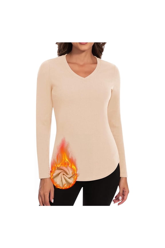 APEXFWDT Women's V-Neck Thermal Top Long Sleeve Undershirt Stretchy Fitted Base Layer T-Shirt Fall Winter Comfortable Daily Wear,XL,Khaki