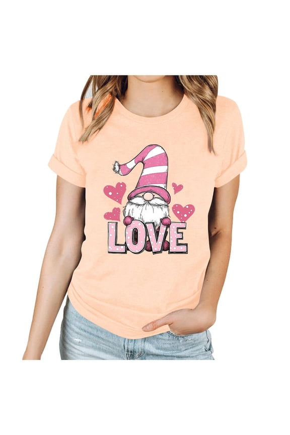 Women's Valentine's Day Printed T-Shirt Short Sleeve Crew Neck Fashion Graphic Tee Tops Casual Wear for Dates & Holiday,M,Beige