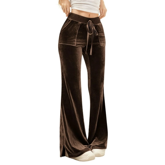 APEXFWDT Women's Velour Wide-Leg Pants High Waist Retro Flared Trousers Stylish Casual Loungewear Pants with Pockets,XXXL,Brown