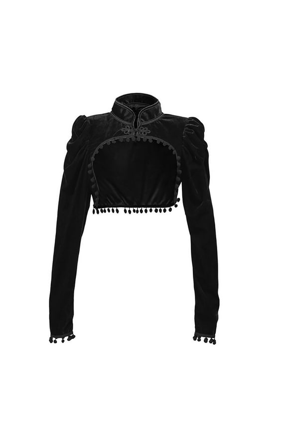 APEXFWDT Women's Vintage Cropped Shrug Open Front Long Sleeve Fringe Bolero Cardigan Stand Collar Bolero Shrug Crop Cardigan