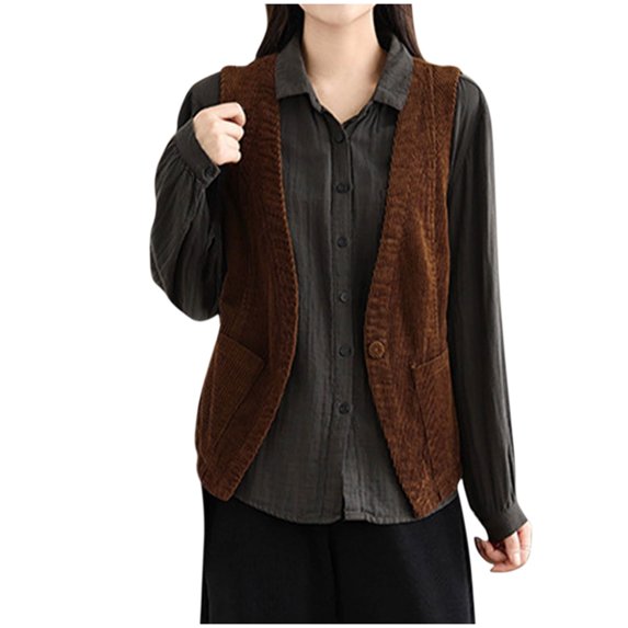 APEXFWDT Women's Waistcoat Corduroy V-Neck Vests Vintage Sleeveless One Button Dressy Casual Jacket Waistcoat for Women L,Yellow