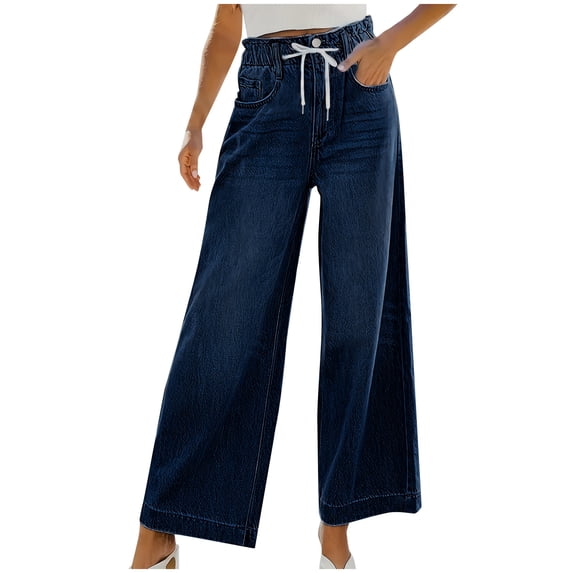 APEXFWDT Women's Wide Leg Denim Pants - Drawstring Elastic Waist Stretch Jeans UPF 30+ for Casual Office Urban Commute Summer ,S,Blue