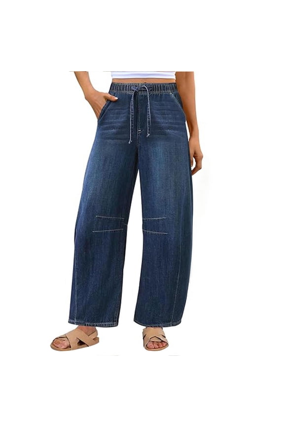 Women's Wide-Leg Jeans Drawstring Elastic Waist Baggy Denim Pants Loose-Fit Casual Boyfriend Jeans,XXL,Blue
