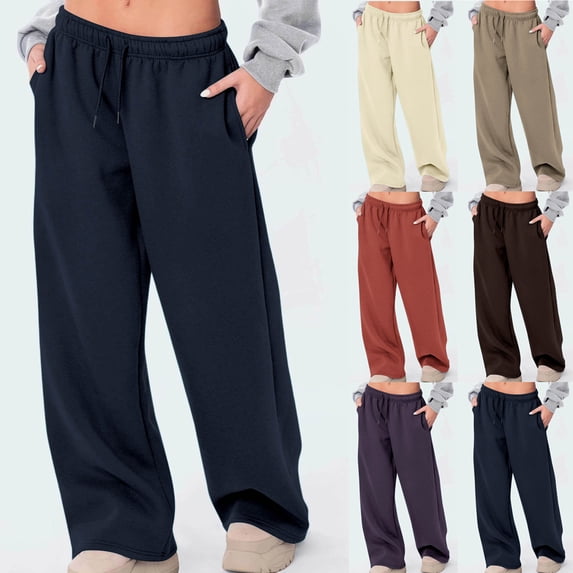 APEXFWDT Women's Wide-Leg Sweatpants Light Fleece Baggy Jogger Pants with Elastic Waist Drawstring Lounge Pants for Indoor Lounging,XL,Dark Blue