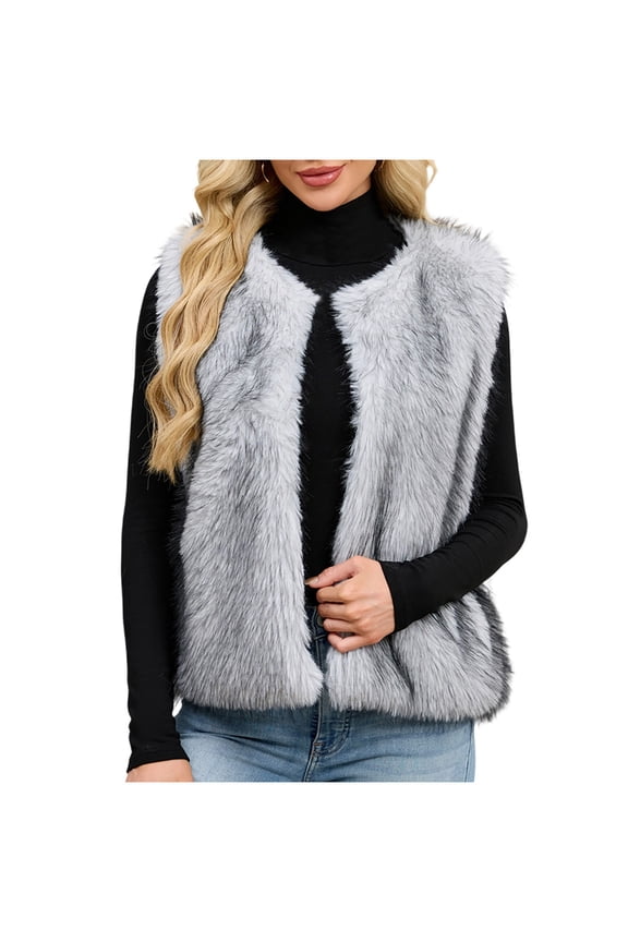 Women's Winter Furry Vest - Crew Neck Warm Fluffy Vest Sleeveless Shaggy Cardigan Jacket for Casual Weekend Outings,L,Gray