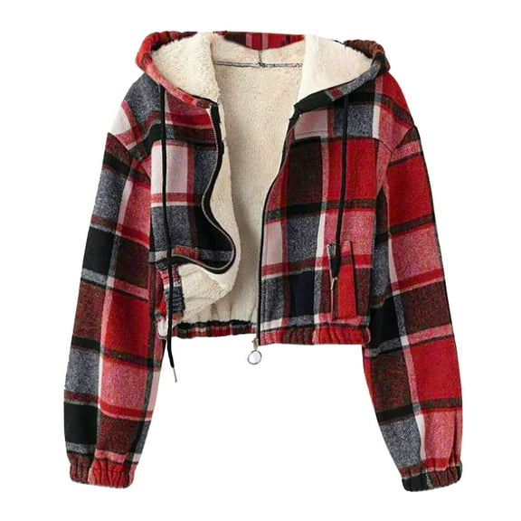 APEXFWDT Women's Winter Hooded Short Jacket Plaid Fleece-Lined Zip-Up Cropped Coat Long Sleeve Warm Jacket with Pockets, for Casual Outings