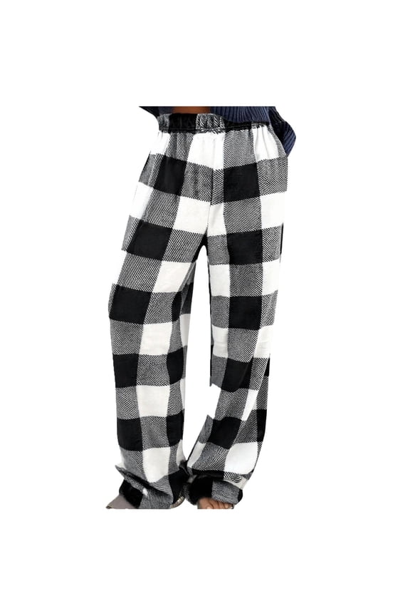 Women's Winter Plaid Flannel Pajama Pants Plus Size Fuzzy Sleep Bottom Elastic Waist Loungewear Pants Warm Home Wear,XXL,Black