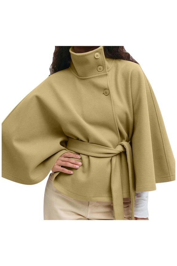 Women's Winter Wool-Blend Cape Coat Stand-Collar Batwing-Sleeve Short Trench Coat Fashion Jacket with Belt, for Festive Gatherings