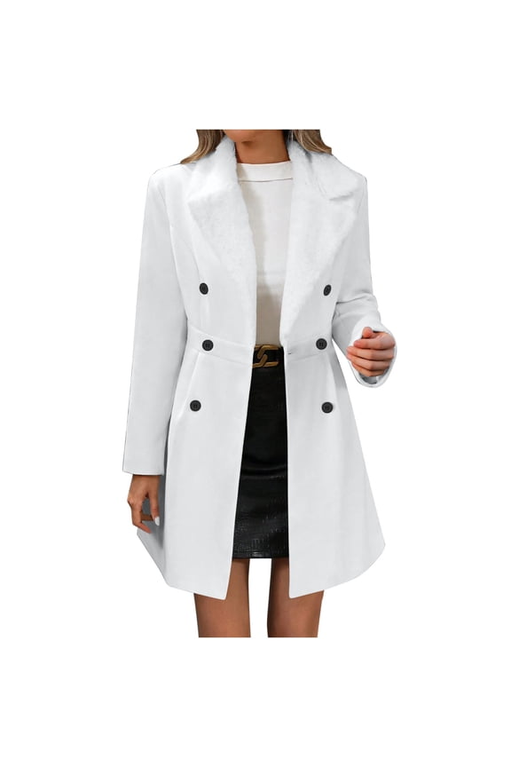 Women's Wool-Blend Mid-Length Pea Coat Fleece-Trimmed Notch Collar Double Breasted Trench Coat Fashion Fall/Winter Jacket for Weekend Shopping