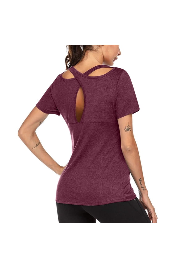 APEXFWDT Women's Workout Tee - Back Cutout Yoga Top Breathable Short Sleeve Tshirt for Gym & Fitness S/M/L/XL/XXL,L,Red