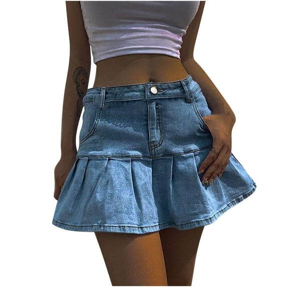 APEXFWDT Women's Y2K Ruffle Denim Skirt High Waist Short A Line Flared Jean Skirt Girl Trendy Pleated Mini Skirts Streetwear