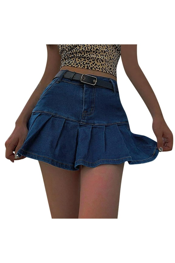 APEXFWDT Women's Y2K Ruffle Denim Skirt High Waist Short A Line Flared Jean Skirt Girl Trendy Pleated Mini Skirts Streetwear