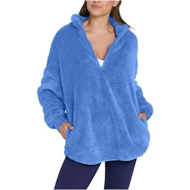 APEXFWDT Women's Zip Up Sweatshirt Sherpa Fuzzy Fleece Cozy Pullover Stand Collar Soft Sweaters Tops with Pockets Fall Trendy Clothes Blue Medium
