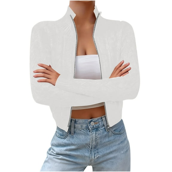 APEXFWDT Women's Zip-Up Cropped Cardigan Stand-Collar Knit Sweater Jacket Fitted Long Sleeve Top for Casual Outings