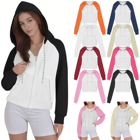 APEXFWDT Women's Zip-Up Cropped Hoodie Jacket Color Block Raglan Sleeve Casual Sweatshirt Athletic Outerwear,S,Hot Pink