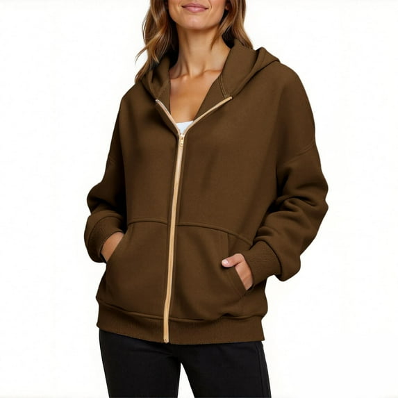 APEXFWDT Women's Zip-Up Fleece Hoodie Jacket Long Sleeve Casual Athletic Sweatshirt Solid Color Warm Outerwear,S,Coffee