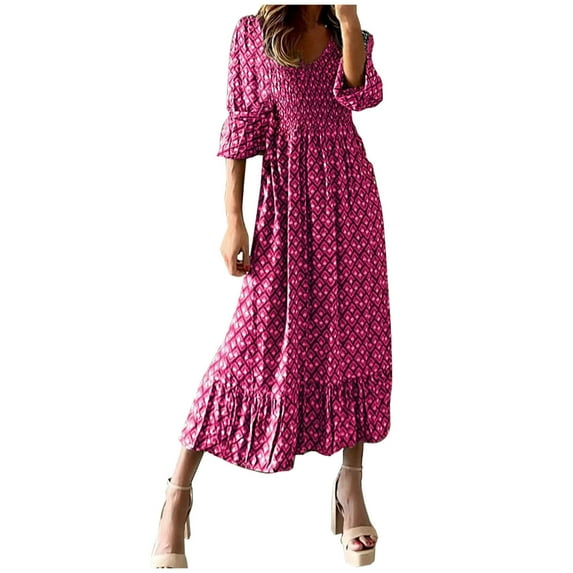 APEXFWDT Womens 3/4 Sleeve Boho Dress Summer Puffy Sleeve V Neck Smocked Tiered Ruffle Long Maxi Dresses Casual Print Beach Dress Fall