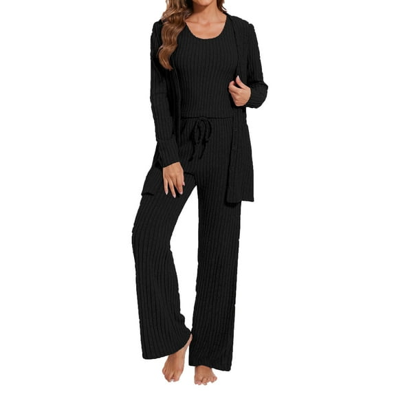 APEXFWDT Womens 3 Piece Lounge Sets Pajamas Long Sleeve Cardigan Crop Top Wide Leg Pants Loungewear Set Sweatsuit