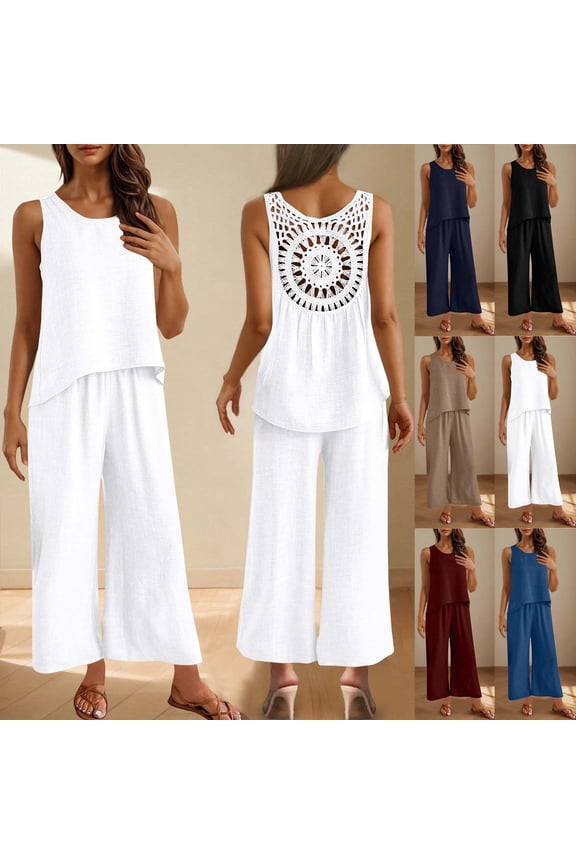 Womens Boho Chic Palazzo Pants Set - Linen Back Hollow Out Tank Top & Elastic Waist Vacation Outfit Summer Beach Outfit Summer Saving ,XL,Dark Blue