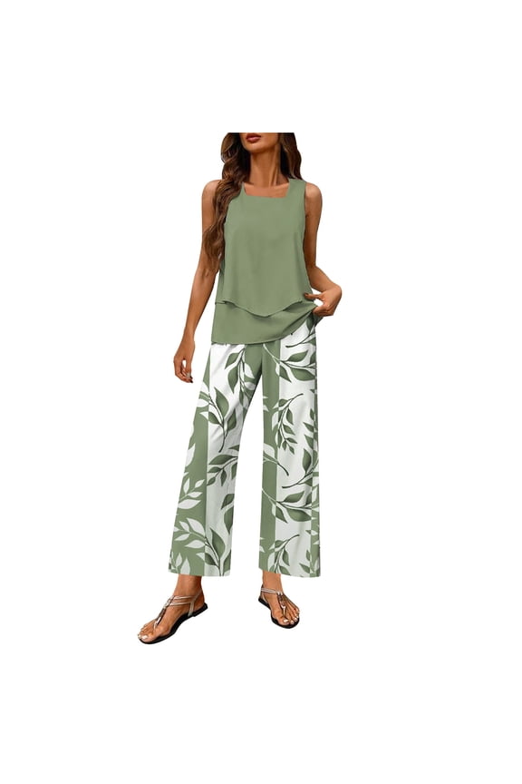 Womens Boho Palazzo Set Double-Layer Square Neck Top and Flowy Wide-Leg Pants Chic Summer Outfits S,Green