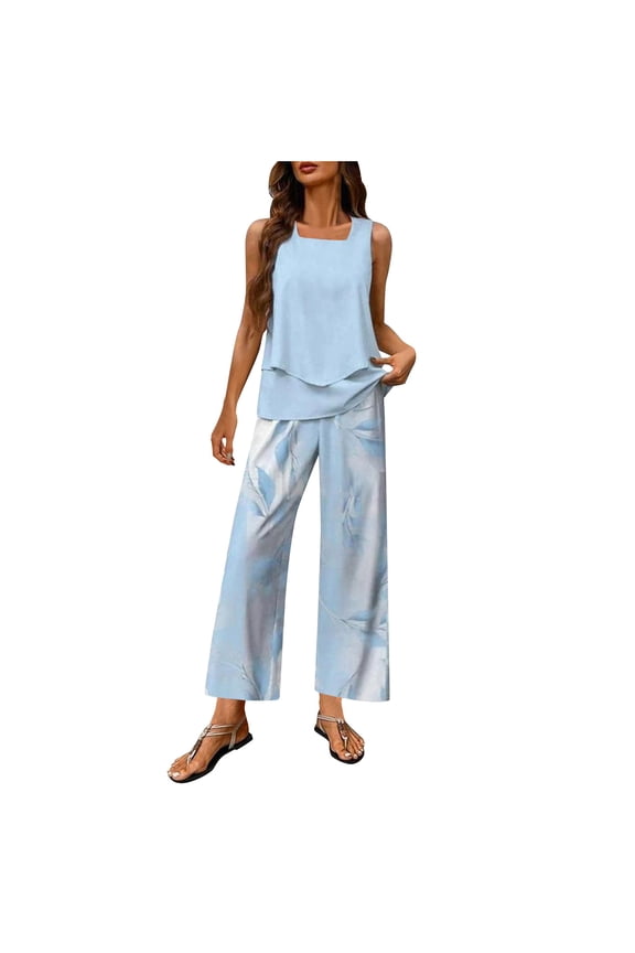 Womens Boho Palazzo Set Double-Layer Square Neck Top and Flowy Wide-Leg Pants Chic Summer Outfits XXL,Light Blue
