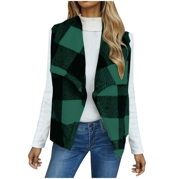 APEXFWDT Womens Buffalo Plaid Vest Casual Lapel Sleeveless Open Front Cardigan Jacket Coat for Women Warm Fleeve Fuzzy Vest